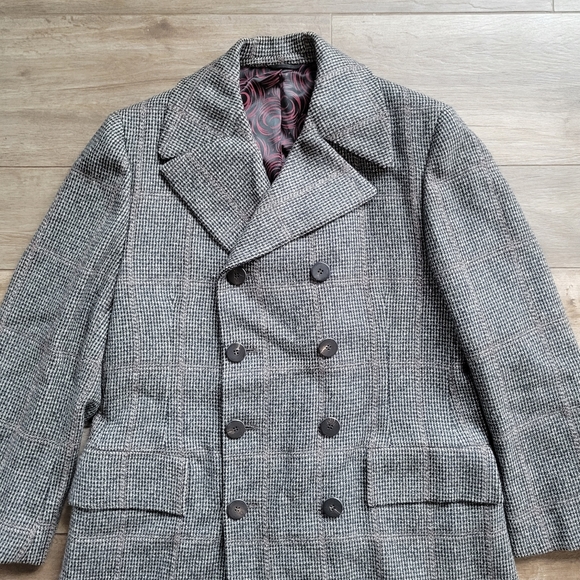 Vintage 60s Glen Plaid Overcoat Gray Plaid Double Breasted 42R - Picture 2 of 10